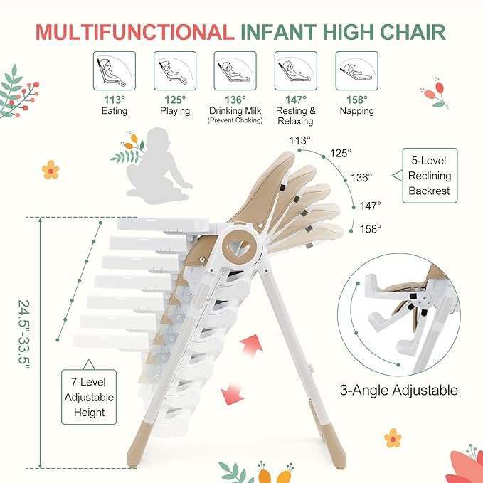 Foldable High Chairs for Babies and Toddlers, Adjustable Infant Baby Chair with Removable Tray and Non-Slip Foot Pads, Highchair for Children Aged 6 to 36 Months, Champagne