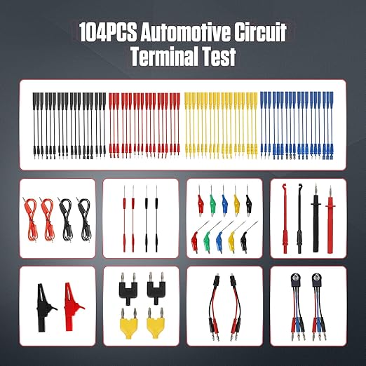 104PCS Automotive Circuit Test Leads Kit Electrical Breakout Leads Automotive Kit Multimeter Test Leads Kit with Alligator Clips,Banana Plug Test Lead,Oscilloscope Probe