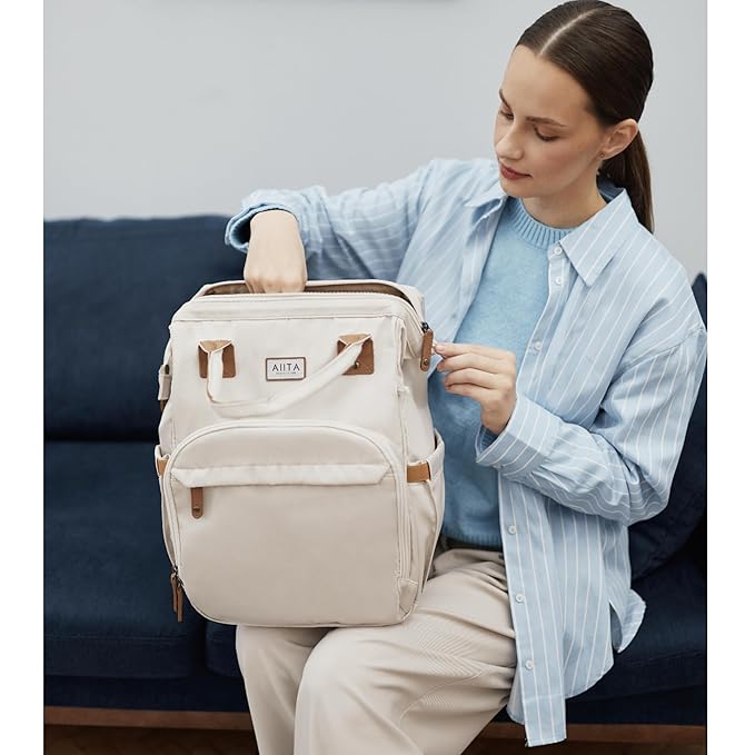 Diaper Bag Backpack, Multifunction Diaper Bag with Changing Station, Stylish Baby Bags, Large Unisex Diaper Backpack for Mom and Dad, Baby Registry Search, Portable Changing Pad – White Beige