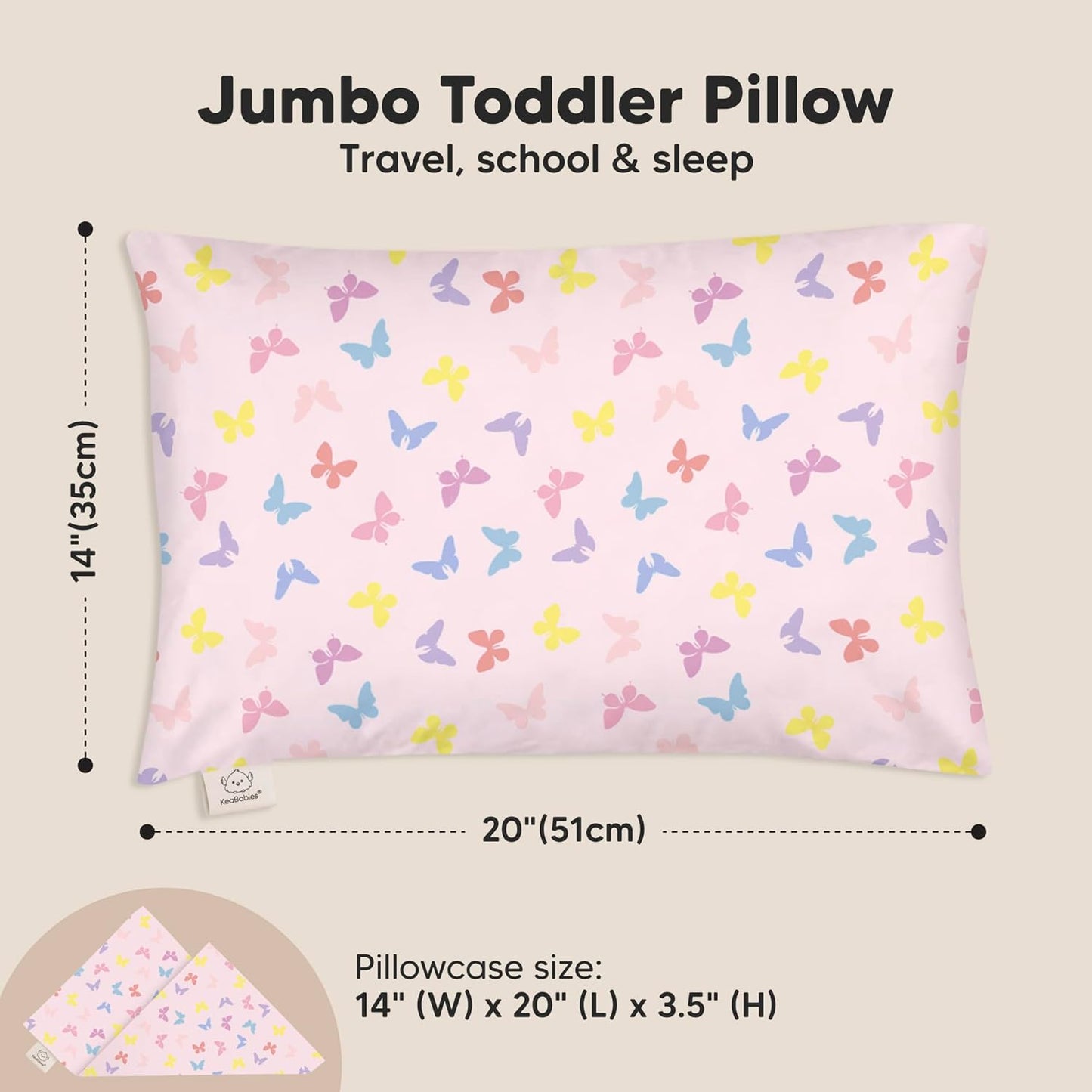 KeaBabies Toddler Pillow with Pillowcase, Jumbo 14X20 - Soft Organic Cotton Toddler Pillows for Sleeping - Machine Washable - Perfect for Travel, Toddler Bed Set (Flutter)