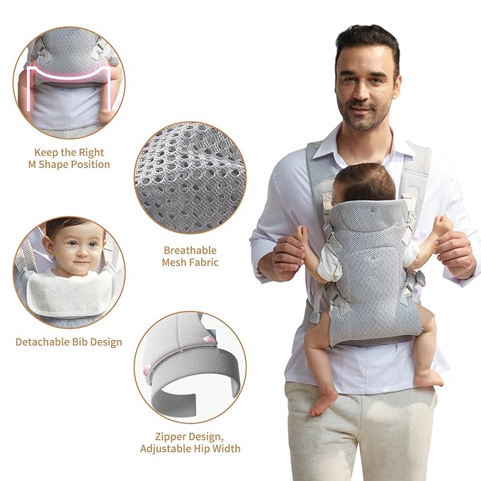 IULONEE Baby Carriers from Newborn with Detachable Bibs Ergonomic Portable Baby Front & Back Backpack Carry Adjustable Toddlers Carrier for Infant Within 33lbs Light Gray