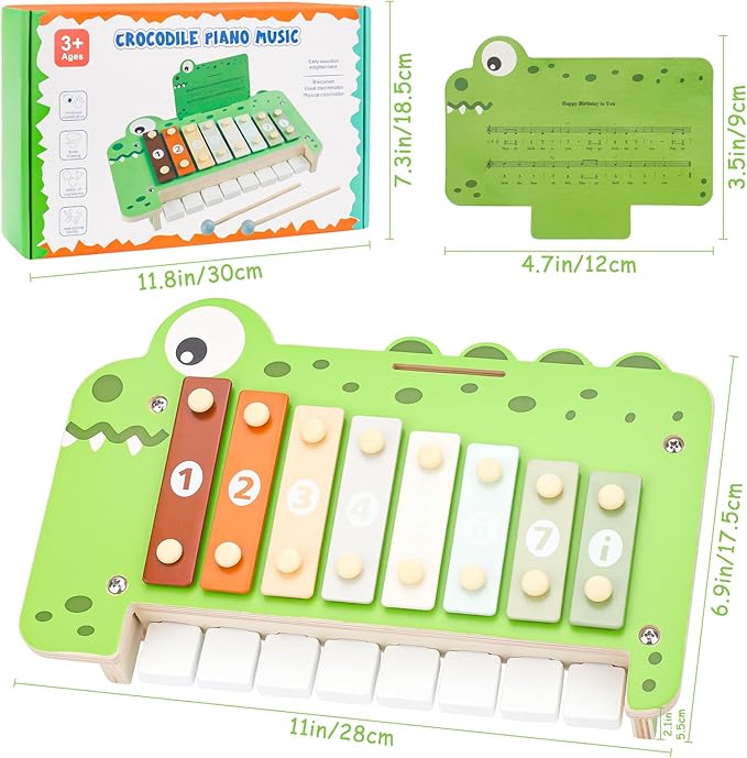 Baby Piano Xylophone Musical Toys - 2 in 1 Wooden Montessori Crocodile Toys for Toddler Kids, 8 Multicolored Key Keyboard Instruments, Preschool Educational Musical Learning Toy for Girls Boys