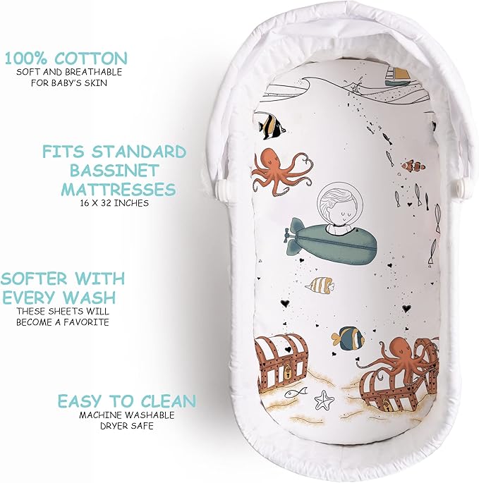 JumpOff Jo - Hypoallergenic Fitted Bassinet Sheet for Baby Boys & Girls - Rectangular, Hourglass & Oval Crib Compatible, Soft, Breathable, Machine Washable - Octopus Treasure