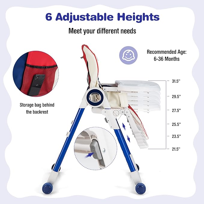 BABY JOY High Chair for Babies & Toddlers, Foldable Highchair with Adjustable Backrest/Footrest/Seat Height, Double Removable Trays, Detachable Seat Cushion, 4 Lockable Wheels (Colorful)