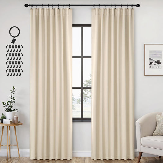 ANRODUO Back Tab Blackout Curtains for Bedroom Living Room, Rod Pocket Pinch Pleated Thermal Insulated Room Darkening Curtains 90 Inches Long 2 Panels, Cream Beige, 42 x 90 Inch