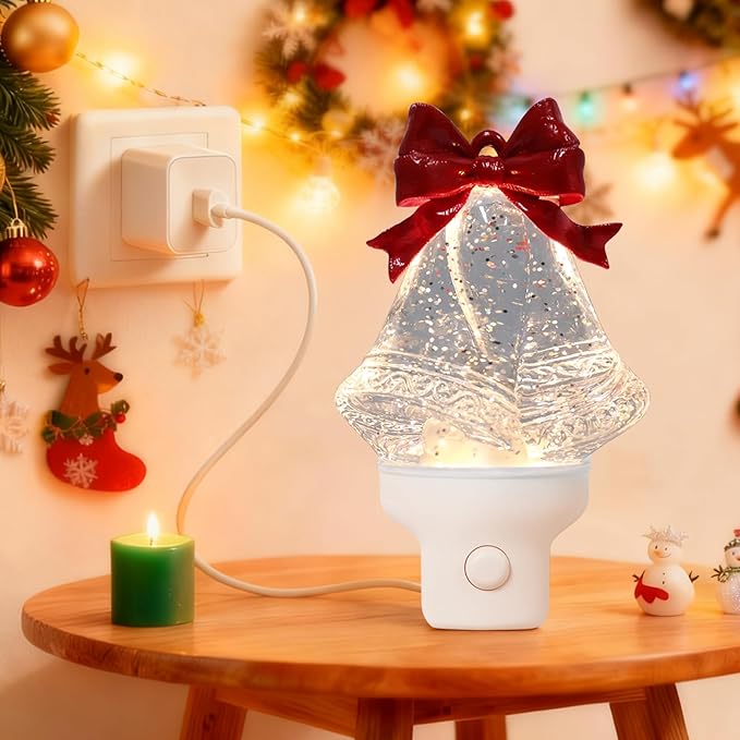 Christmas Night Light Plug into Wall Swirling Glitter USB Portable Christmas Decorative Night Light Decoration for Kids Adults Bedroom Kitchen Living Room Holiday Decor (Bells)