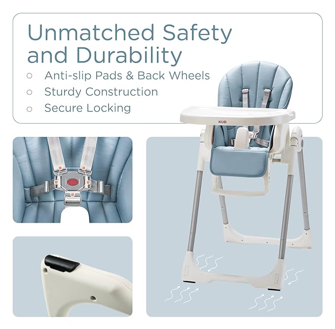 KÜB 3-in-1 Foldable Baby High Chair (Blue) | Multifunctional Infant High Chairs for Babies and Toddlers | Removable Seat & Tray for Easy Clean | 7 Height & 4 Recline Adjustable | 2 Locking Wheels