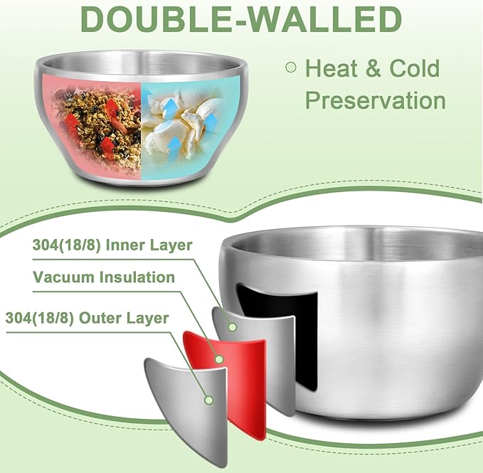 EWFEN SUS304 6-Piece Stainless Steel Bowls for Kids, 12 oz 18/8 Metal Bowls for Toddler Children, Small Baby Bowls for Feeding/Soup/Snacks, Double Walled, Unbreakable and Dishwasher Safe