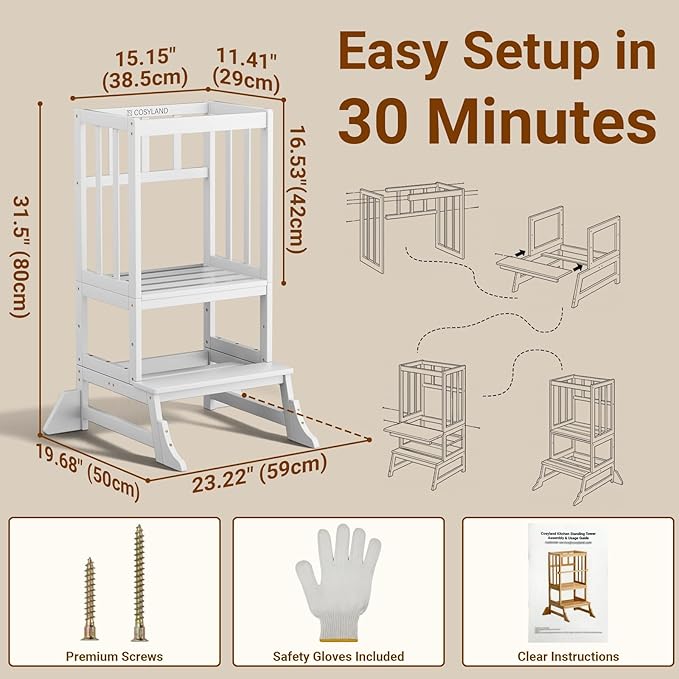 COSYLAND Height Adjustable Kitchen Stool for Toddlers – Portable Toddler Standing Tower for Learning and Cooking – Stable Kids Helper Tower with Stability Block for Kitchen Counter (White)