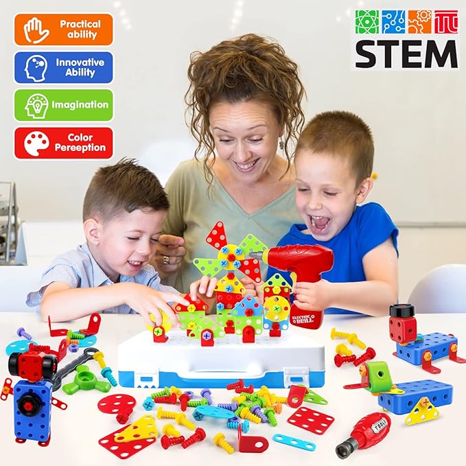 STEM Toys for 3 5 7 Year Old Boys Kids, 232 Pcs Kids Drill Set Building Blocks, DIY Educational Construction Engineering Toys, Creative Mosaic Electric Drill Set Gift for Kid Boys Girls Age 3-8 Years