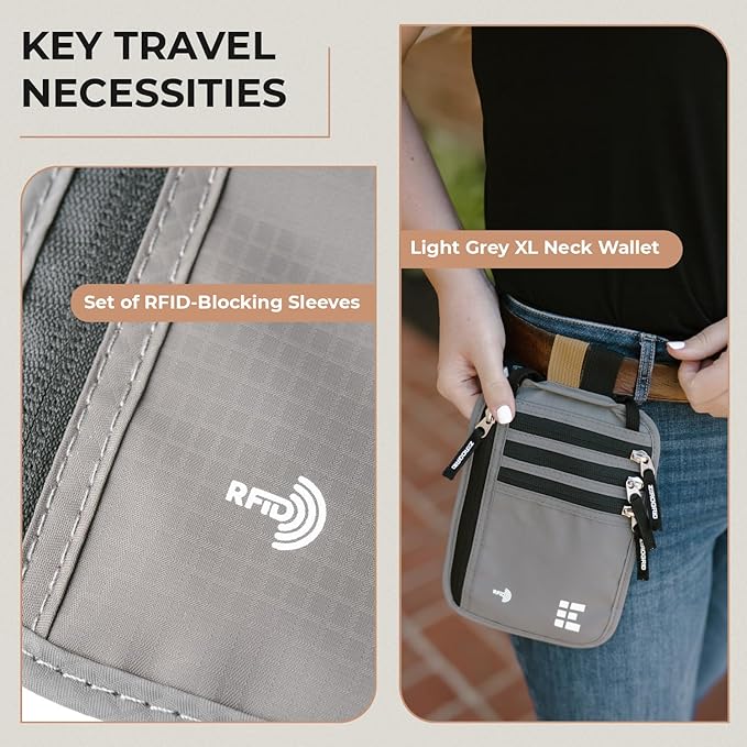 Neck Wallet for Travel & Passport Holder with RFID Blocking - Slim & Easy to Conceal Nylon Travel Pouch for men & women - Holds Phone, Cash, Cards, Keys - Sweat & Water Resistant - X-Large- Light Grey