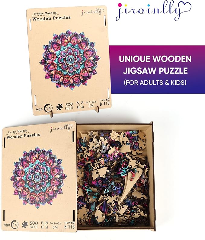 Jiroinlly Wooden Jigsaw Puzzles, Mandela Wooden Puzzles for Adults, 500 Pcs King Size 16.8'' x 16.9'', Luxurious Shaped Wood Puzzle, Beautiful Package, Best Gift for Adults and Kids, Family Game