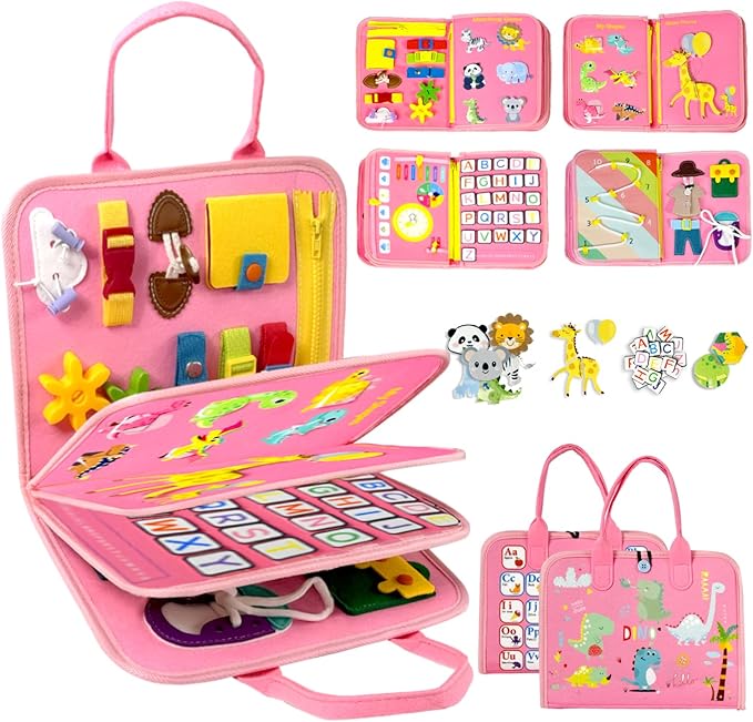 Qizfun Busy Board Book Montessori Toys for 1 2 3 4 Year Old, Girl Birthday Gifts, Educational Sensory Learning Toy for Toddlers 1-3, Car Airplane Travel Activities Toys for Kids Ages 2-4 Year Old