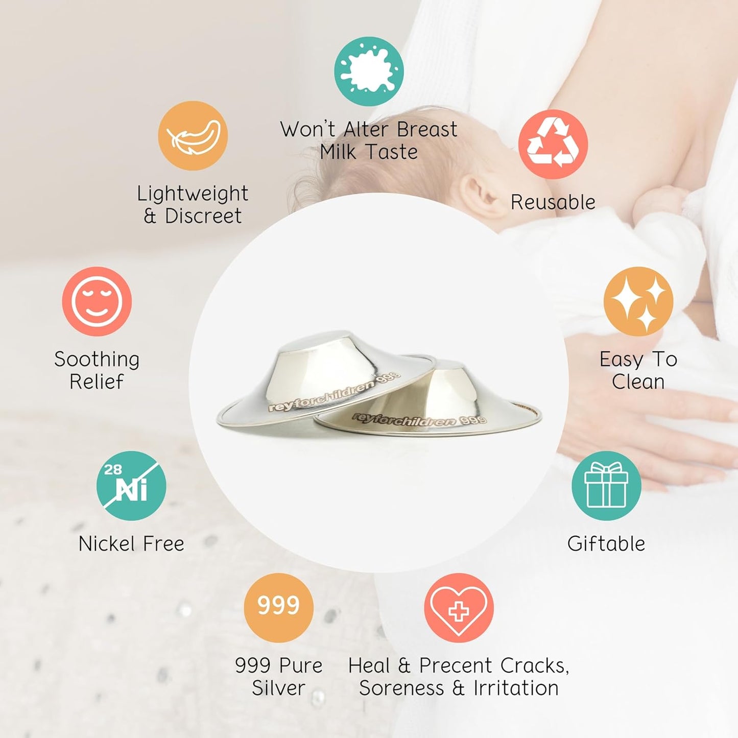 RFC Silver Nursing Cups - 999 Silver Nursing Pad - Nipple Shield Kit for Nursing Newborn - Breastfeeding Essentials - Nipple Cover Breastfeeding - With Silicone Ring & Cleaning Scotch & Case (REGULAR)