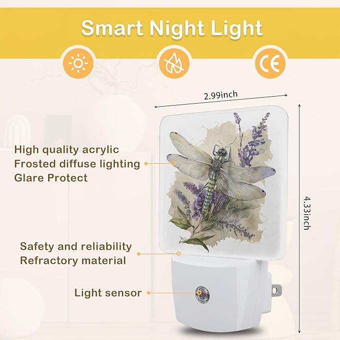 Dragonfly Watercolor Night Light with Dusk to Dawn Light Sensors, Plug-in Wall Led Night Lights, Energy Efficient Lamp for Bedroom/Bathroom/Kitchen/Hallway/Stairs