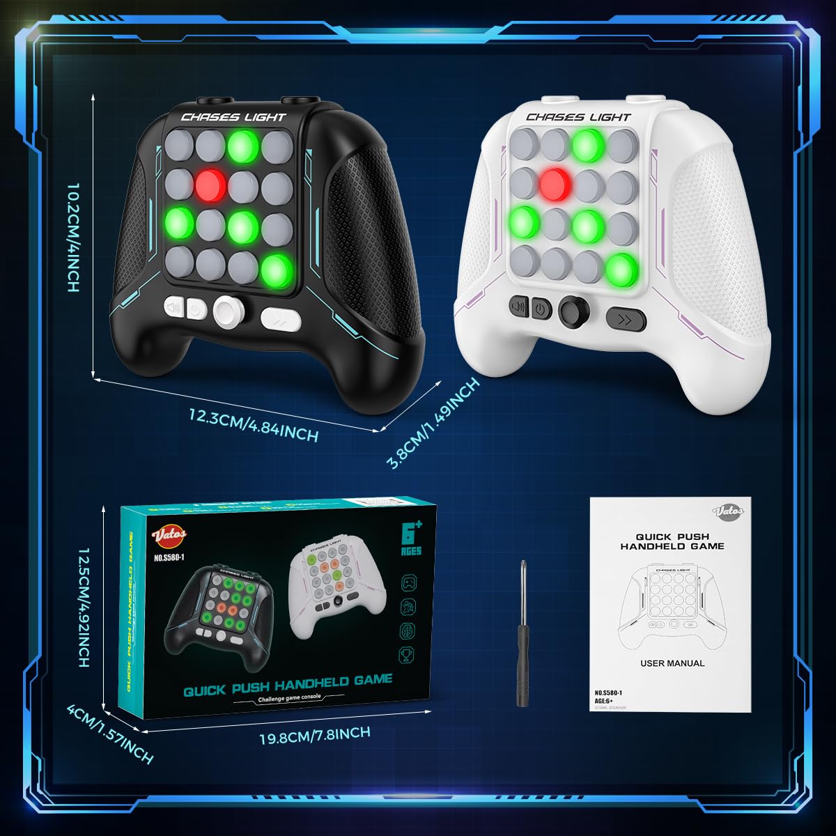 VATOS 2PCS Quick Push Fidget Game Handheld Black & White Electric Pop Game with 5 Gameplay Modes, Handheld Game Controller, Portable Toy Cool Gifts for 6 7 8 9 Year Old Kids Boys Girls Teens Adults