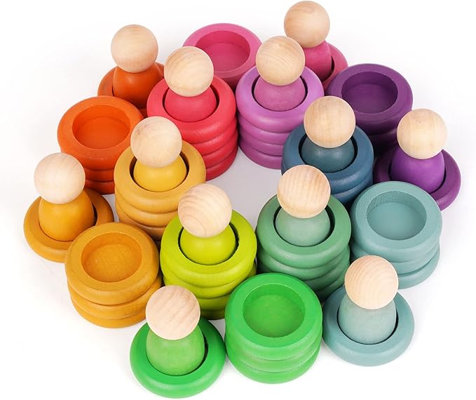 Montessori Toys Wooden Color Sorting Stacking Rings Toy Rainbow Wooden Peg Dolls Counting Toys Circular Building Blocks Stacking Game Preschool Learning Education Fine Motor Skill Toys for Toddlers