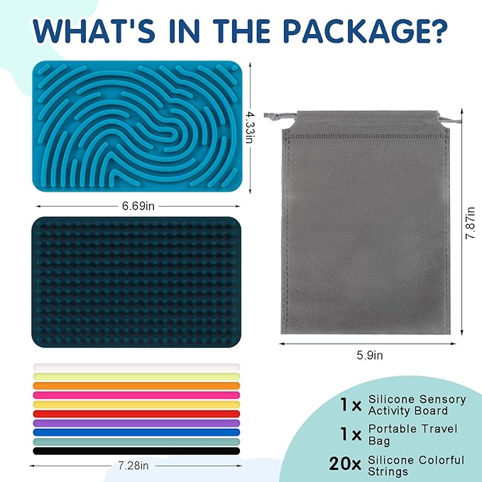 2PCS Sensory Activity Board, Silicone Fidget Toys for Anxiety, ADHD, Autism Stress Relief | Kids 3+ & Adults | Portable Travel Bag & 20 Strings, Dark Green & Blue