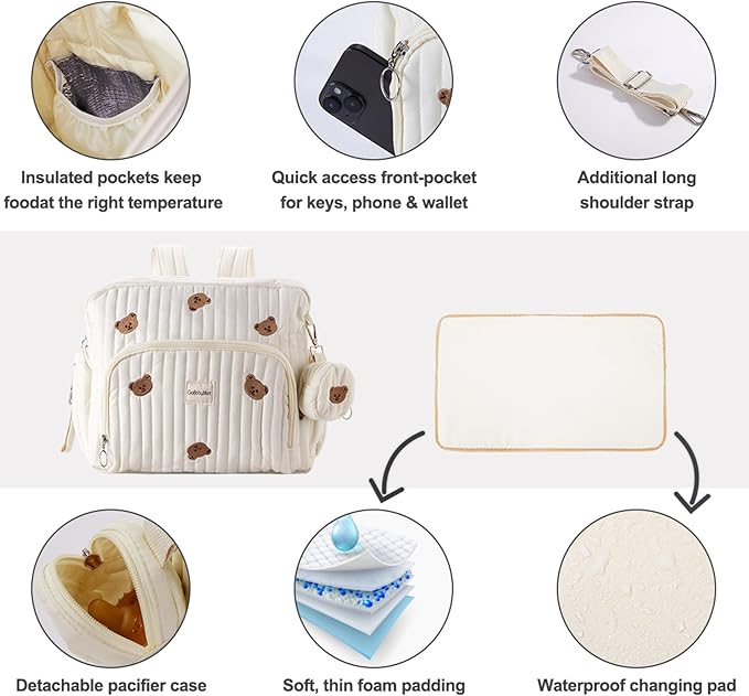 Diaper Bag Backpack, Medium Maternity baby bag & Changing Pad, Insulated Pockets, Stroller Straps & Pacifier Case (Medium - Beige Bears)