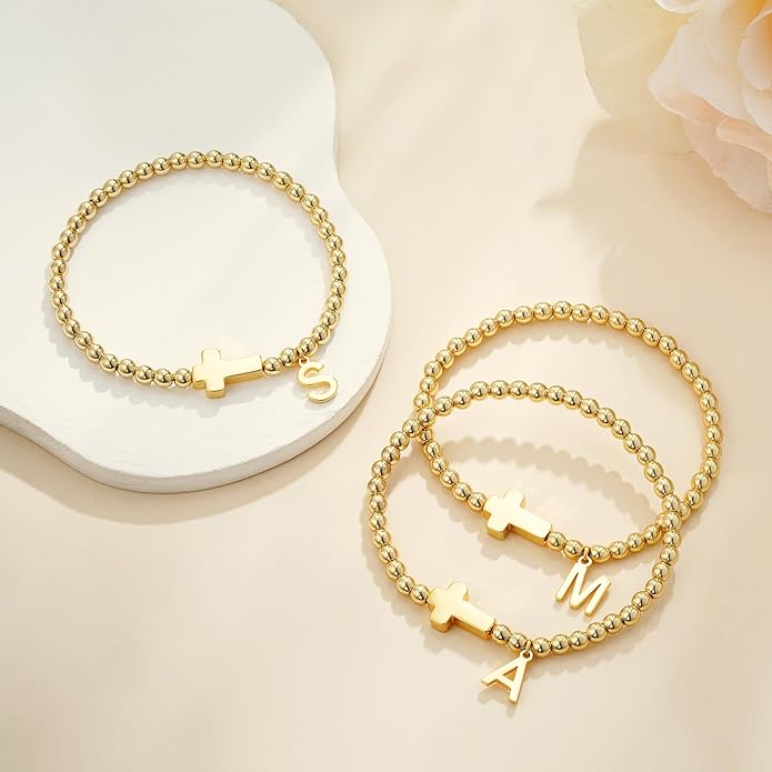 Gold Initial Bracelets for Women Girls - 18K Gold Plated Cross Initial Bracelet Dainty Beaded Bracelet Gold Bracelets for Women Teen Girl Gifts