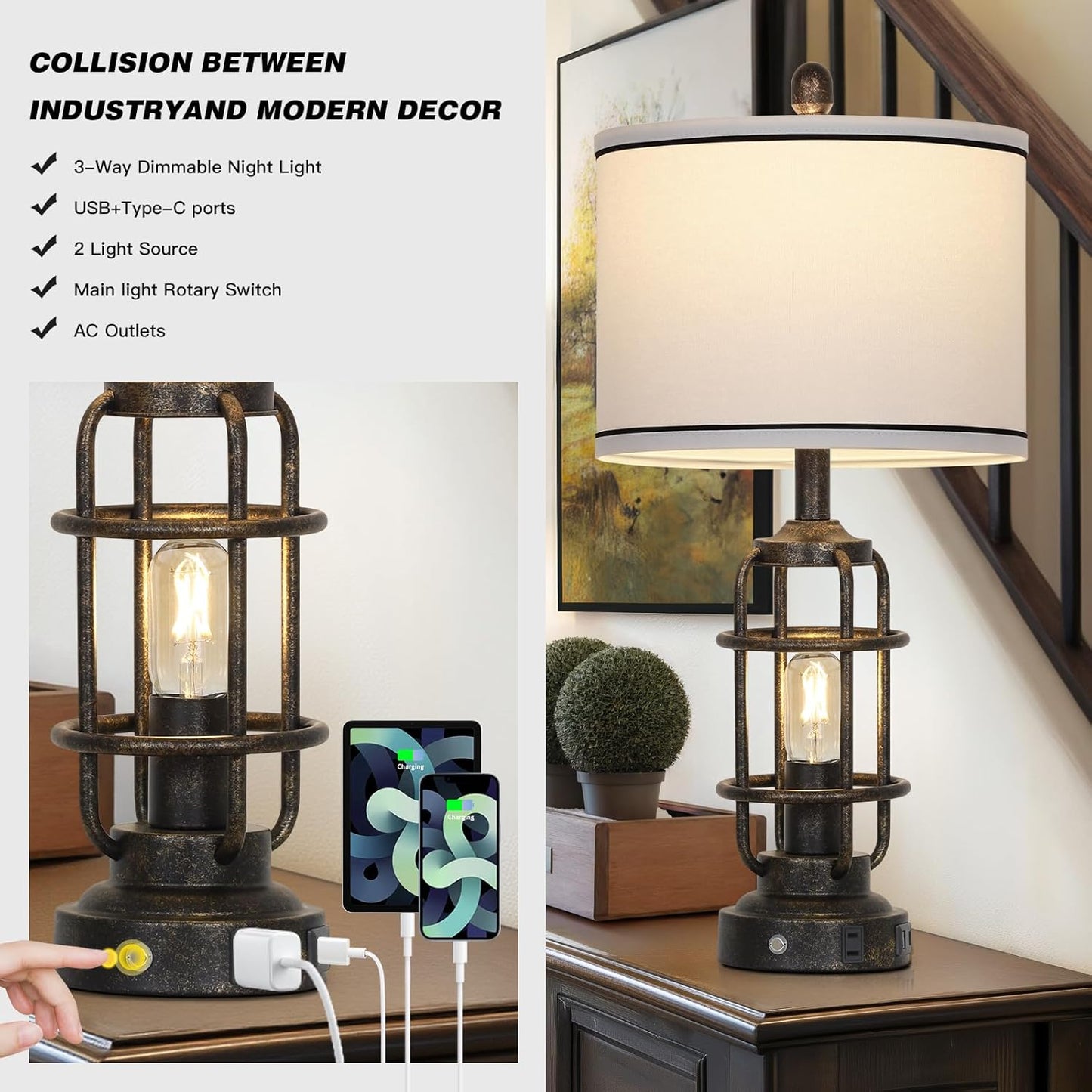 26" Vintage Industrial Table Lamps Set of 2, Farmhouse 3 Way Dimmable Touch Control LED Night Lights Table Lamp with USB A+C Ports & AC Outlet, Rustic Retro Beside Nightstand Lamp for Bedrooms Bronze