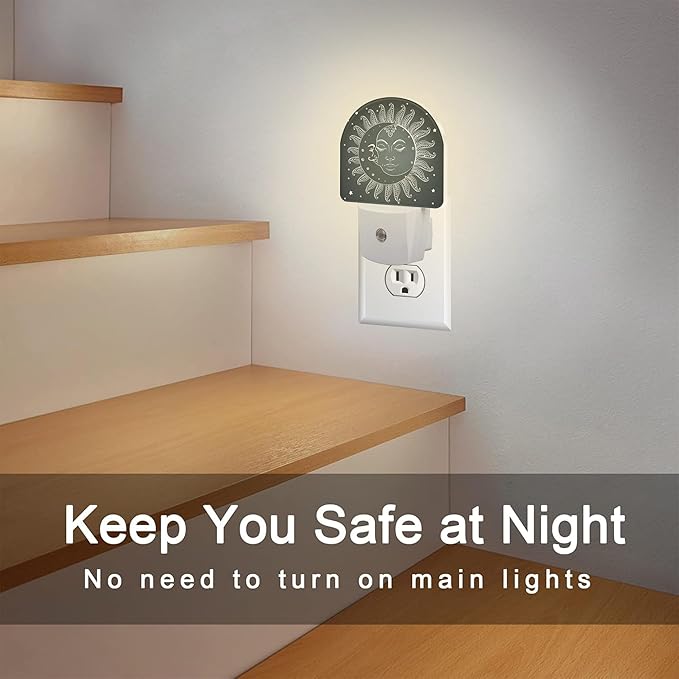 Vintage Boho Sun and Moon Night Light Plug into Wall, Celestial Moon Sun Stars Dusk to Dawn Night Light Plug in,0.5w Energy Saving Sleep Friendly NightLight for Kids Boys Girls Home Decor