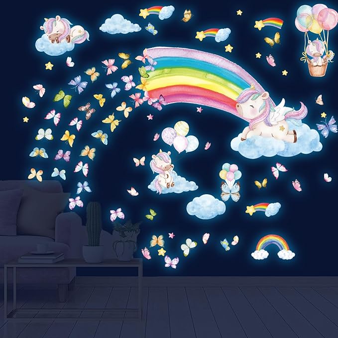 Glow in The Dark Large Rainbow and Unicorn Wall Decals,Glowing Luminous Star Butterfly Wall Stickers Removable Rainbow Unicorn Decals for Girls Bedroom Baby Nursery Living Room Decoration
