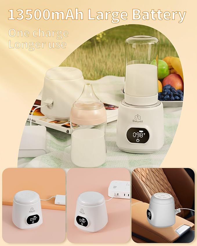 Portable Bottle Warmer, 100W Fast Heating, 13500mAh Cordless Baby Bottle Warmer with 4 Adapters & Temp Control, Travel Warmer for Breastmilk & Formula, Snow White