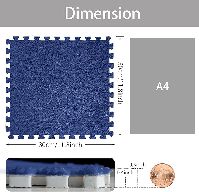 16pcs 0.6" Thickened Interlocking Tile Mats,Fluffy Shaggy Soft EVA Foam Area Rug for Living Room&Bedroom,Non-Slip Protective Floor Carpet Play Mat Kids Baby Dorm Home Decor 11.8ft (Navy Blue)