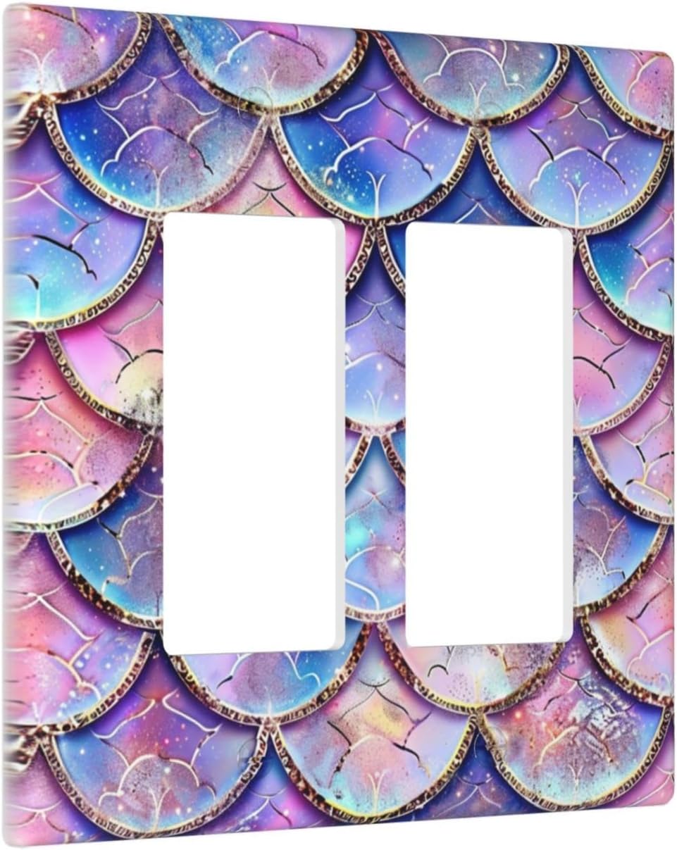 Decorative Outlet Covers Cute Pink Purple Mermaid Scales 2 Gang Wall Plate Double Rocker Two Switch Wall Cover Plate Light Switch Cover Plate Faceplate for Bedroom Home Decor