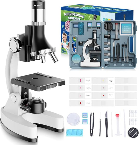 100X-1200X Kids Microscope Kit for Children: Compound Microscope for Kid STEM Biology Discovery - Science Experiments Microscopio Set with Metal Frame, Carrying Box Educational Gift for Child 8-12