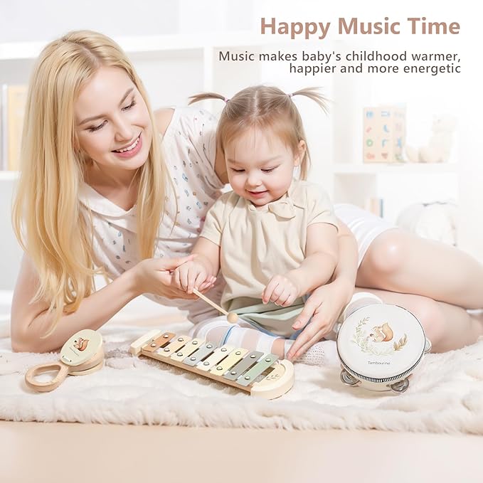 Baby Musical Instruments Set Wooden Montessori Musical Toys for Toddlers Neutral Colors Percussion Instruments Set with Modern Boho Xylophone Tambourine Educational Musical Toys for Preschool Kids
