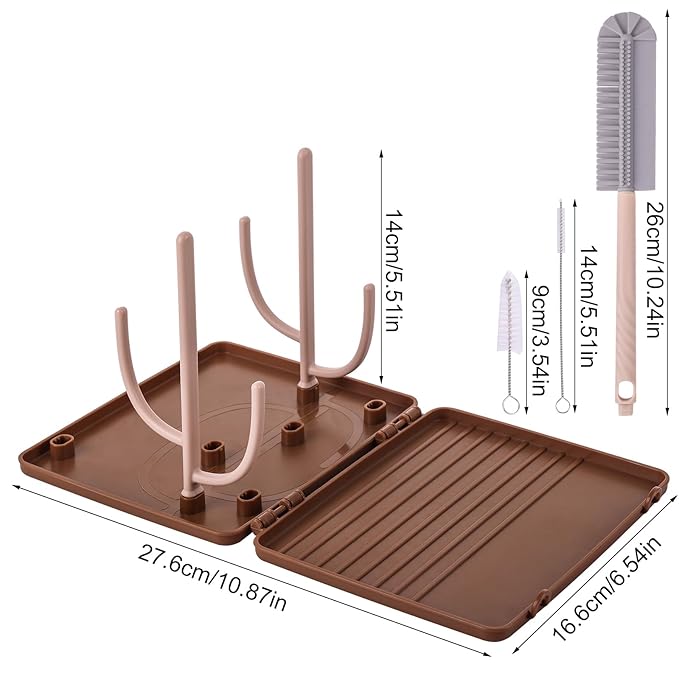 Baby Bottle Drying Rack，Travel Baby Bottle Drying Rack Set, Cleaner Kit with Silicone Bottle Brush,Straw Brush, Suitable for Home use or Traveling with Babies (Coffee Color)