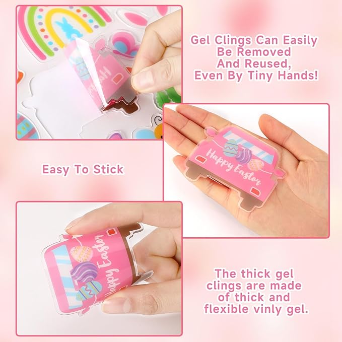 MARFOREVER 50 PCS Easter Window Thick Gel Clings Stickers Rabbit Eggs Window Decals Reusable Gel Clings for Adults Kids Classroom Home Spring Easter Party Supplies Decorations