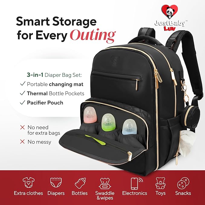 Award-Winning 3-SET Premium Leather Diaper Bag Backpack – Stylish, Durable, Waterproof Vegan Leather with PEVA Changing Pad & Baby Headrest, Travel-Friendly, Organized for Busy Parents