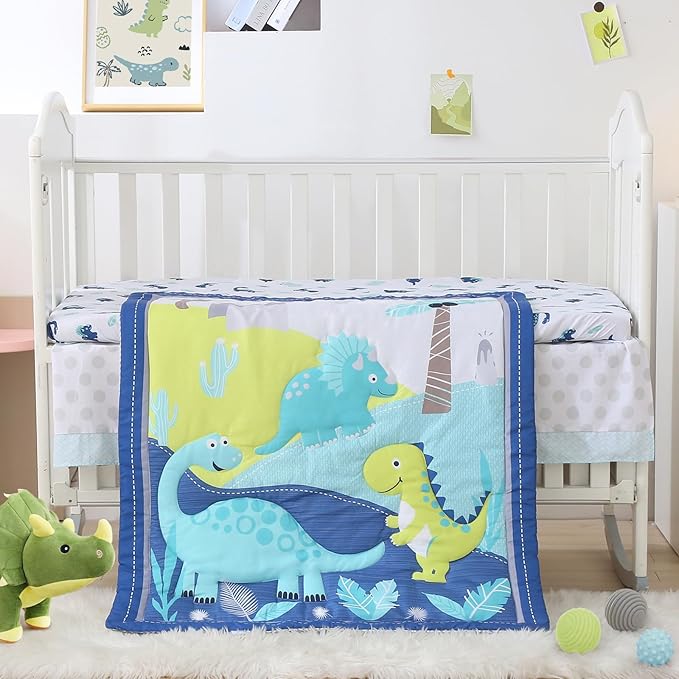 Wowelife Dinosaur Mini Crib Bedding Set for Boys Blue Premium 3-Piece Baby Bedding Sheet Set Dinosaurs Nursery Crib Set Crib Comforter Set Breathable and Soft for Baby