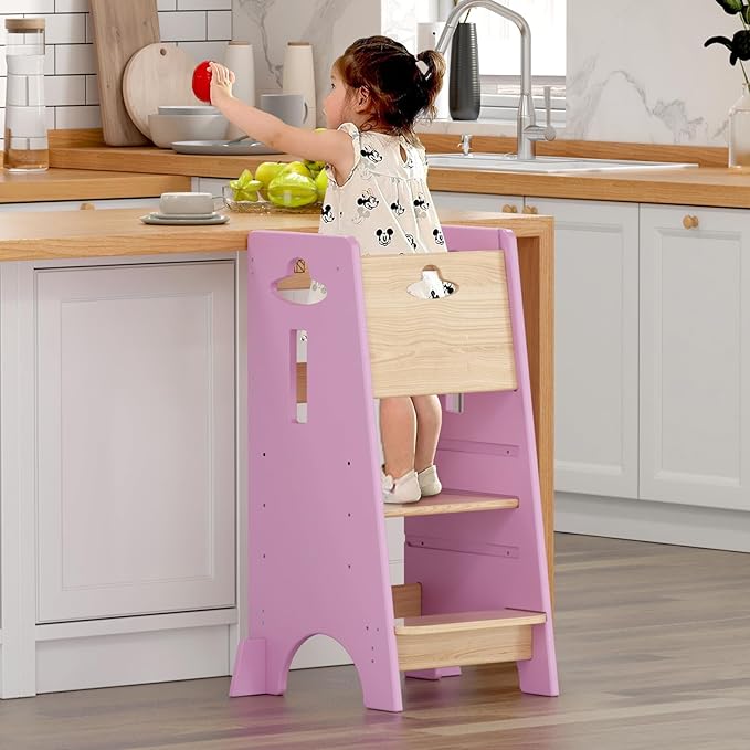 COSYLAND Toddler Standing Tower Adjustable Height - Super Stable Kids Kitchen Stool Helper - 3 Levels Adjustable Wooden Toddler Kitchen Stool (Natural & Pink)