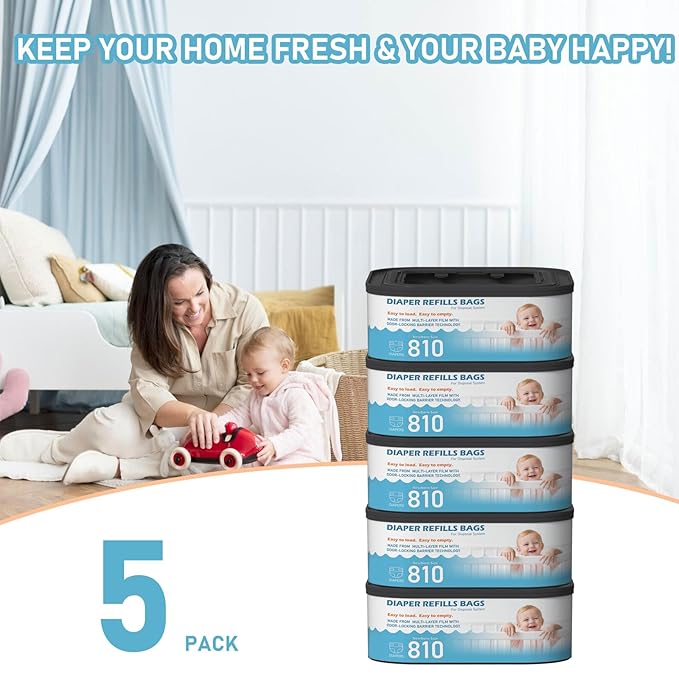 Jumbo Square Refills Disposal Bags Refill Compatible with Diaper Genie Classic, Compact and Select Pails, Hold Up to 810 Newborn-Sized Diapers Per Refill, Baby Powder Scent, 5 Packs