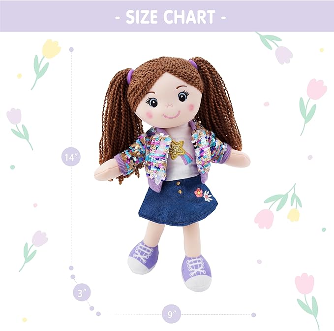 June Garden 14" Snuggle Cutie Sophie Glam - Soft Cuddly Plush Doll Gift for Girls - Huggable Rag Doll - Trendy Outfit M