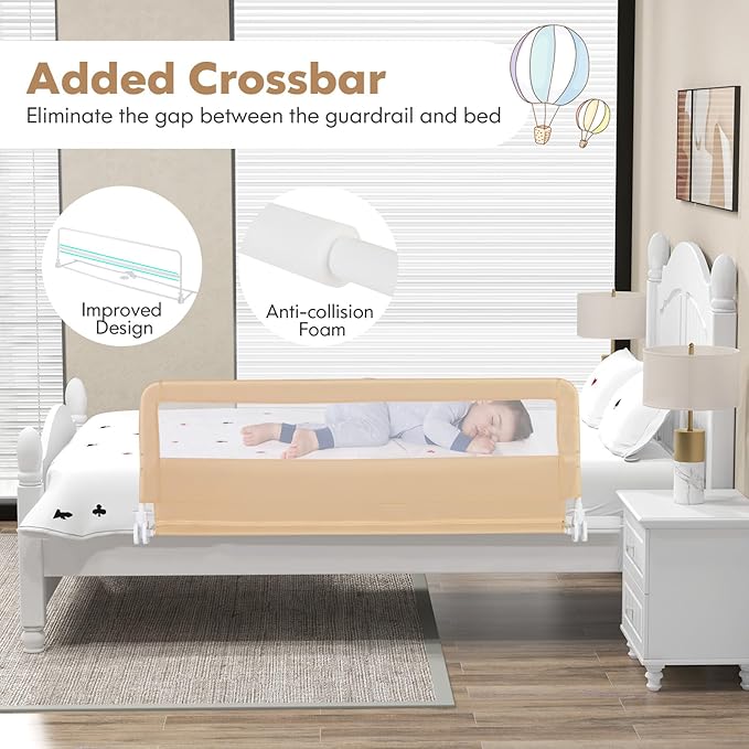 BABY JOY Bed Rails for Toddlers, 59'' Extra Long, Swing Down Bed Guard w/Safety Strap, Folding Baby Bedrail for Kids Twin, Double, Full Size Queen & King Mattress (59-Inch, Beige)