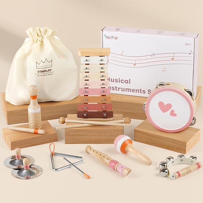 Musical Instruments for Girls - Toys for 2 3 Year Old Girl Birthday Gifts - 8 in 1 Wooden Montessori Musical Set with Xylophone/Tambourine/Maracas/Flute for Toddler 2-4(Pink)