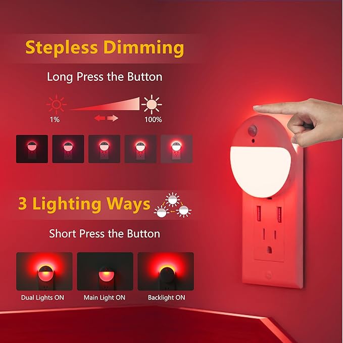 2 Pack Plug in Red Sleep Night Light with Motion Sensor and Dusk to Dawn Sensor, 3 Modes, Soft Glow, Stepless Dimming, LED Lights for Bedroom, Sleep, Baby Nursery, Kids, Toddler, Home Decor