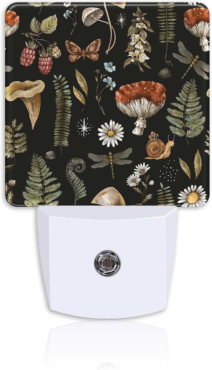 Night Light,Vintage Woodland Mushroom Plug-in Night Light Auto Dusk-to-Dawn Sensor Fern Moth Dragonfly Energy Efficient LED Lamp for Room Decor,Hallway,Kitchen,Bathroom,Nursery,Stairs