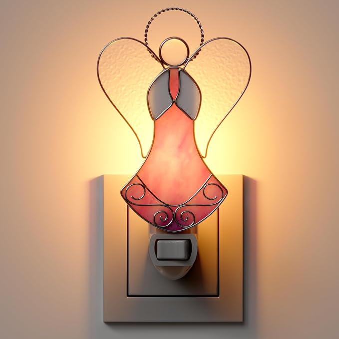 Night Lights Plug Into Wall Stained Glass 7W Plug in Night Light Dusk to Dawn 3000K Warm White Nightlight Switch-On/Off for Adult Kids Room Bathroom Hallway Kitchen Non-Dim (Pink Angel 5" H)