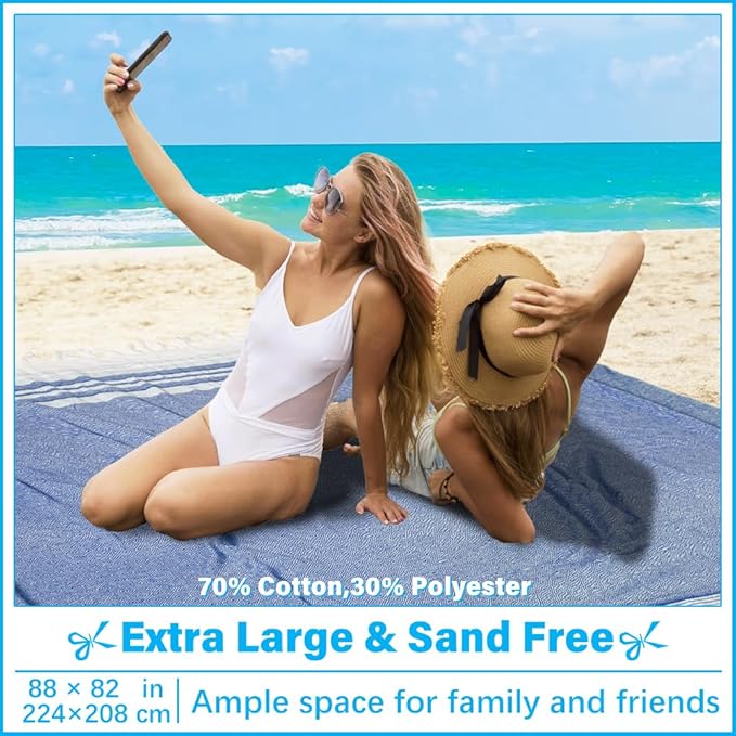 Oversized Turkish Beach Towel Blanket XXL Cotton Sandproof Towels Boho Woven Extra Large Big Sand Free Giant Throw Thick Blankets Huge Quilt XL Picnic Camping Necessities Cloud For Adult Gifts Blue