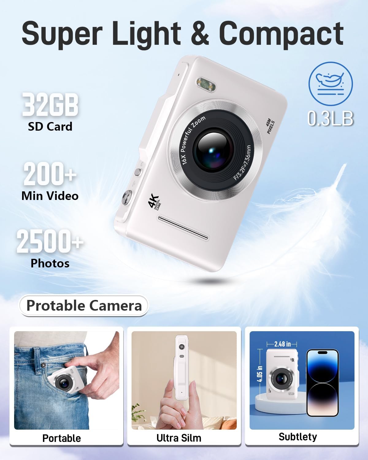 Digital Camera, FHD 1080P Kids Camera Digital with 16x Zoom Anti Shake, 32GB Card, 4K 48MP Portable Compact Point and Shoot Cameras, Vintage Small Camera for Teens Beginner Kids Present