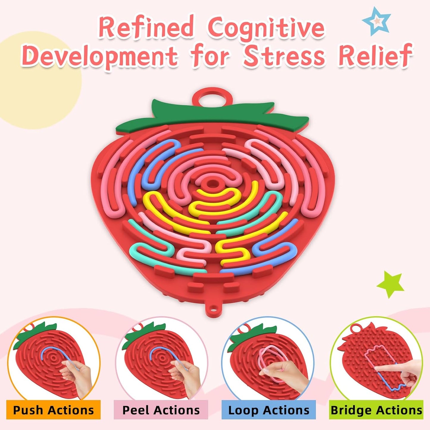 Silicone Sensory Activity Board,2 in 1 Busy Board for Fine Motor Skill, Montessori Fidget Toy for Calming, Stress, Anxiety, ADHD , Autism , Silent, No Mess , Kids 3+ & Adults (Red, Strawberry)