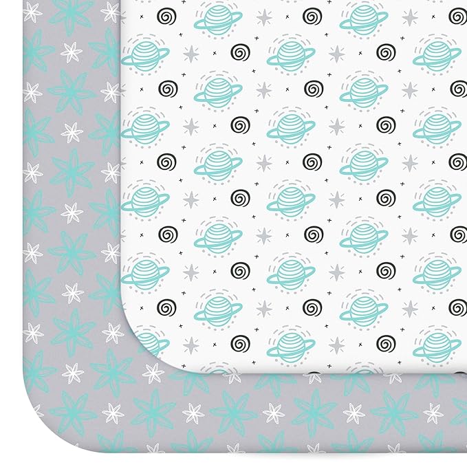 Pack and Play Sheets, 2 Pack Mini Crib Sheets, Stretchy Playard Fitted Sheet, Compatible with Graco Pack n Play, Soft and Breathable Material, Planet & Flower