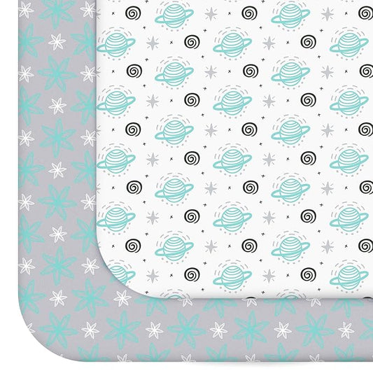 Pack and Play Sheets, 2 Pack Mini Crib Sheets, Stretchy Playard Fitted Sheet, Compatible with Graco Pack n Play, Soft and Breathable Material, Planet & Flower