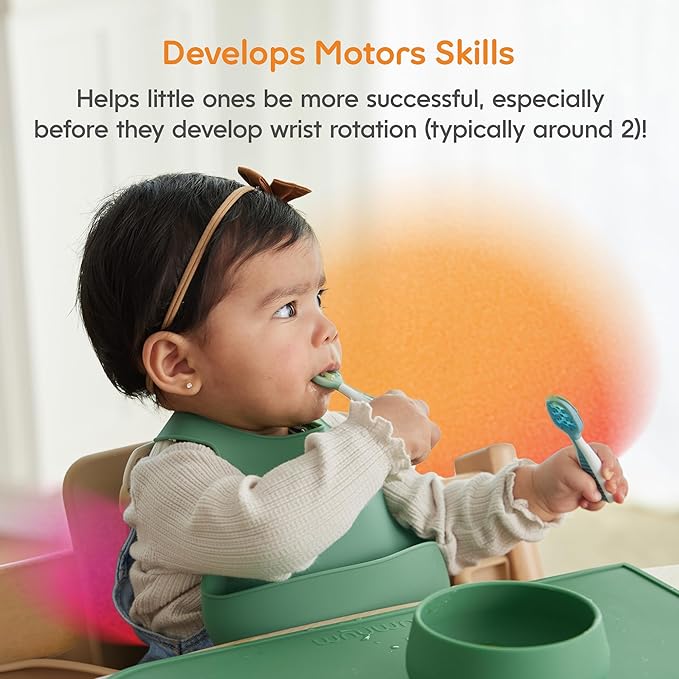 NumNum Baby Spoons Set, Baby Essentials Pre-Spoon GOOtensils for 6+ Months, First Stage Self-Feeding Spoons for Baby Led Weaning (BLW), Silicone Toddler Utensils, BPA-Free, 2 Pack Gray/Green